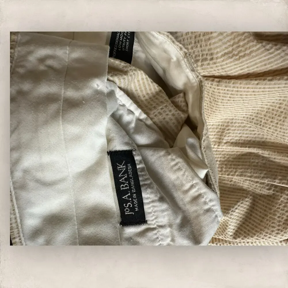 Jos A Bank Seersucker Trouser Pants Tan White Preppy Cuffed Pleated 34x28